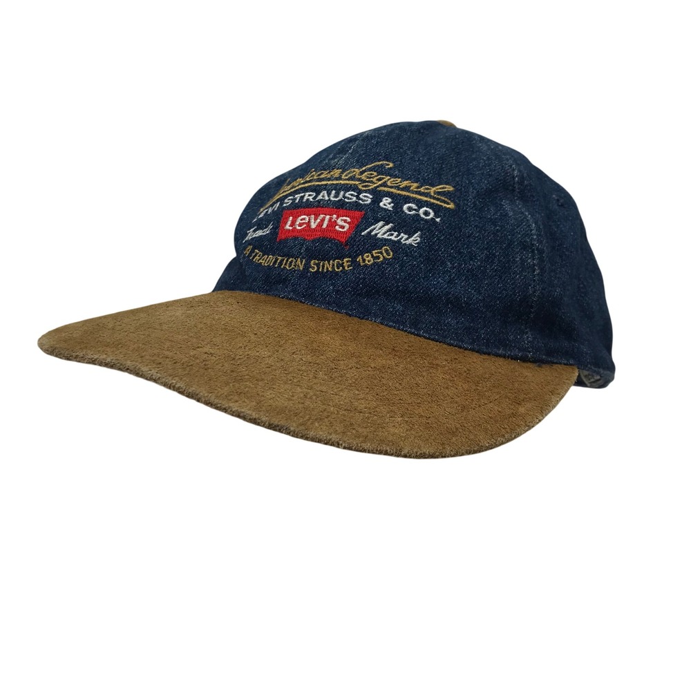 Vtg Levis American Legend Denim Suede Brim Strapback Hat Blue Tan Embroidered